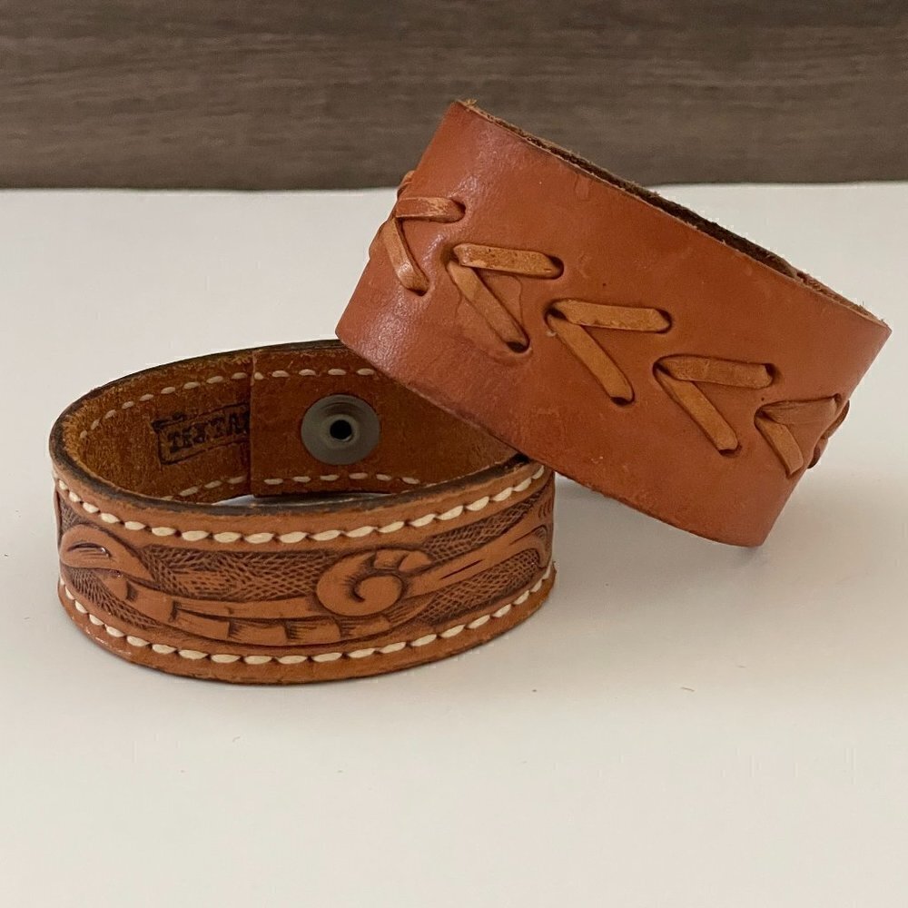 Handmade Set of Two Brown Leather Snap Closure Cowgirl Cuff Bracelets Large